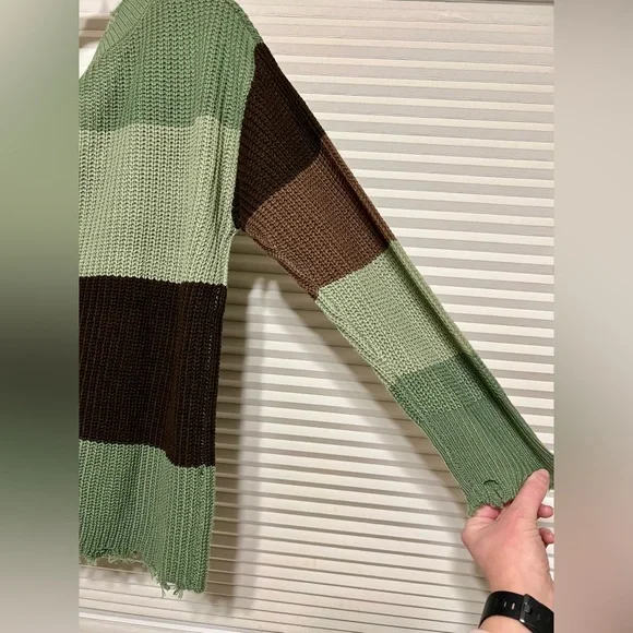 Women’s Simply Southern Green and Brown Striped Distressed Sweater Size Medium - Picture 9 of 12